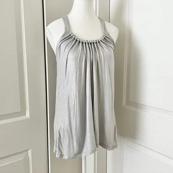 French Connection Mod Silver Halter Glam Boho Blouse w/ Beaded Detail – Medium - Picture 2 of 11